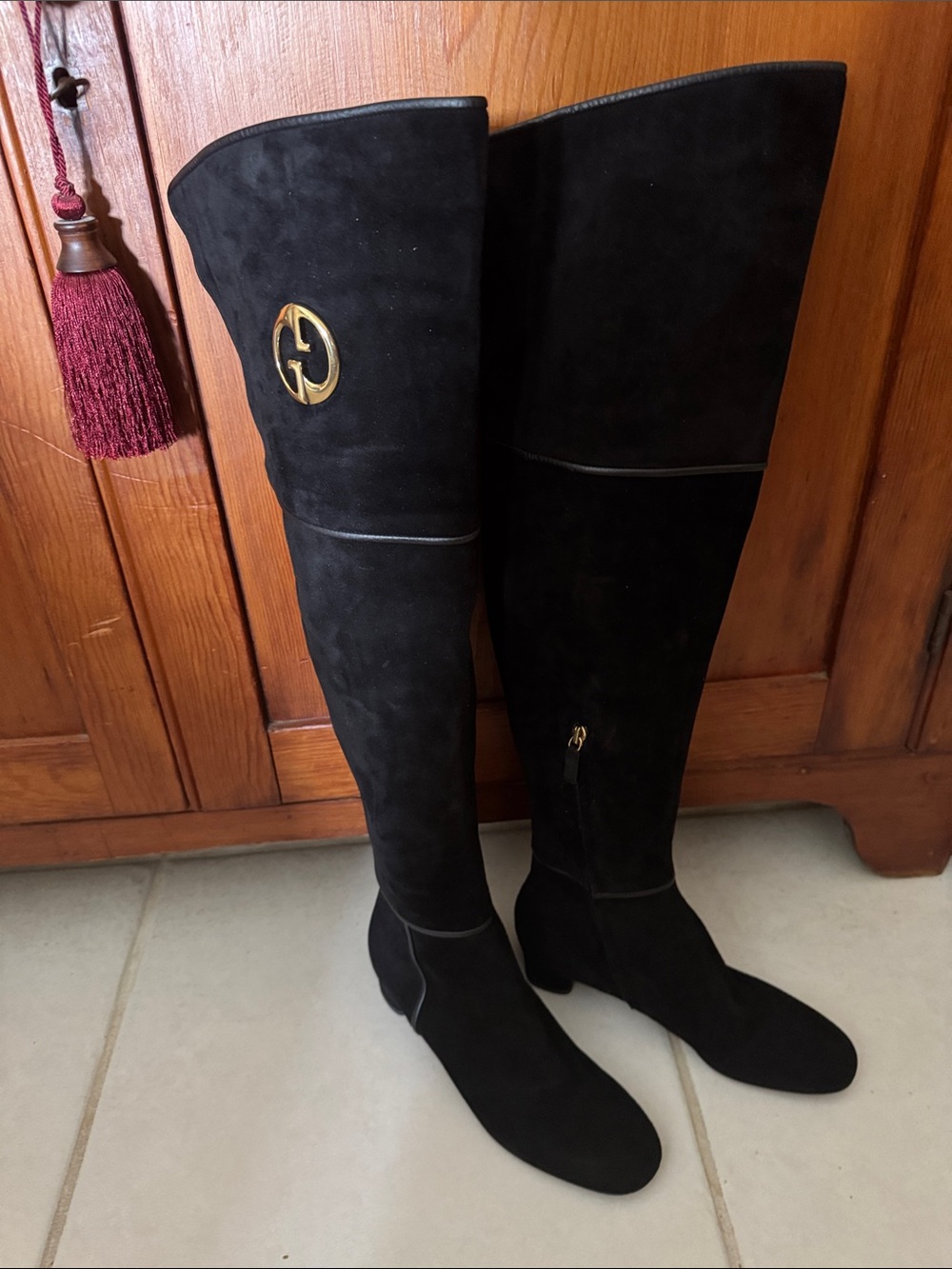 Gucci Black Suede Over-the-Knee Boots with Gold Logo never worn- in original box
